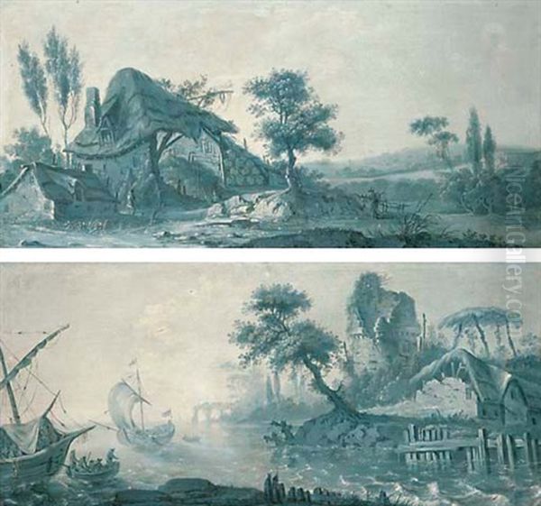 Figures Outside A Cottage In An Extensive Landscape (+ Another; Pair) - view 1