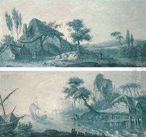 Figures Outside A Cottage In An Extensive Landscape (+ Another; Pair)