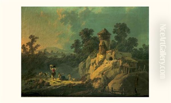 Le Repos Des Bergers Dans Un Paysage Domine Par Une Tour - view 1