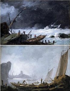 A Storm With Sailors Tending A Shipwreck On The Shore, A Man-o-war Sinking In The Distance (+ Fishermen Unloading Their Catch On The Shore, A Distant Castle Visible Through Fog Beyond; Pair) by Jean-Baptiste Pillement