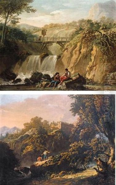 Mountainous Landscape With A Bridge Over A Waterfall And Two Young Men Conversing (+ River At Sunset With Two Fishermen; Pair) - view 1