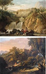 Mountainous Landscape With A Bridge Over A Waterfall And Two Young Men Conversing (+ River At Sunset With Two Fishermen; Pair) by Jean-Baptiste Pillement