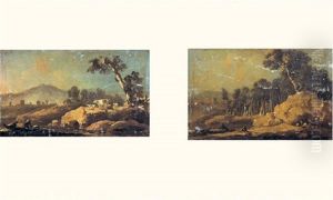 Paysans Se Promenant Dans La Campagne Portugaise (+ Another, Similar; Pair) by Jean-Baptiste Pillement