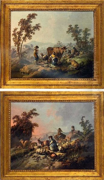 Morning: A Mountainous Landscape With A Milkmaid And Shepherd (+ Evening: An Extensive Landscape With A Milkmaid, A Ruined Hilltop Castle Beyond; Pair) - view 1