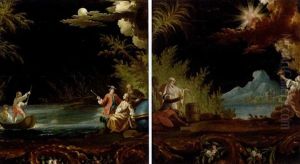 A Moonlit River Landscape With Boatmen And Personifications Of The Arts And Sciences (+ A Moonlit River Landscape With Figures On The Shore; Pair Of Fragments) by Jean-Baptiste Pillement