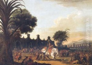 L'empereur De Chine, Entoure De Sa Cour, Se Promenant Sur Son Elephant Blanc, Dans Les Jardins De Son Palais by Jean-Baptiste Pillement