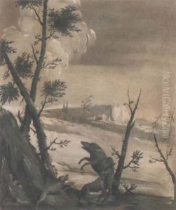 An Extensive Landscape With Dogs Attacking A Wild Boar by Jean-Baptiste Pillement