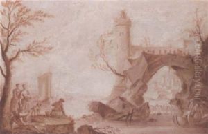 Anglers And Fishermen By A Weir, A Natural Arch And A Tower Beyond