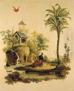 An Oriental Landscape With A Huntsman, Milkmaid And Other Figures By A River, A Pagoda Beyond