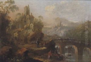 Gebirgige Fluslandschaft Mit Einer Steinernen Bogenbrucke, Hausern Und Reisenden