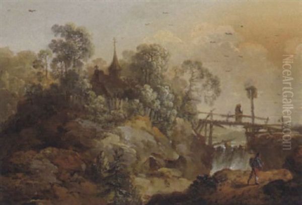 Gebirgige Fluslandschaft Mit Einer Kapelle Und Reisenden - view 1