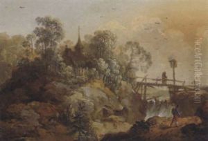 Gebirgige Fluslandschaft Mit Einer Kapelle Und Reisenden by Jean-Baptiste Pillement