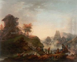 Belebte Fluslandschaft. Reiche Personenstaffage by Jean-Baptiste Pillement