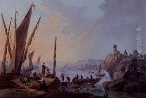 A View Of The River Tagus, Portugal, With Fishermen Drawing Their Nets And Figures Along The Rocky Coast