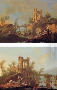 Peasants Fishing And Laundering By The Banks Of A River, Ruined Castles Beyond by Jean-Baptiste Pillement