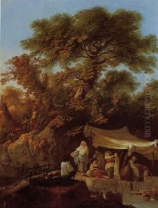 Washerwomen Beside A River In A Wooded Landscape by Jean-Baptiste Pillement
