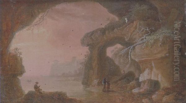 A Coastal Landscape At Sunset, With Travellers Walking Along A Path - view 1