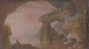 A Coastal Landscape At Sunset, With Travellers Walking Along A Path A Coastal Landscape At Sunset, With Travellers Walking Along A Path