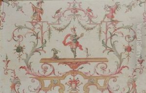 A Decorative Panel With Musicians, A Dancer With A Tambourine, Flanked By A Dog And Monkey, Surrounded By Grotesque Designs by Jean-Baptiste Pillement