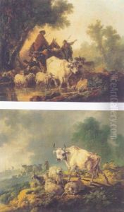 A Traveller Crossing A Stream With Cows And A Flock Of Sheep