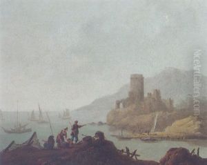 A Coastal Scene With Fishermen On A Rocky Outcrop, A Ruined Castle Beyond
