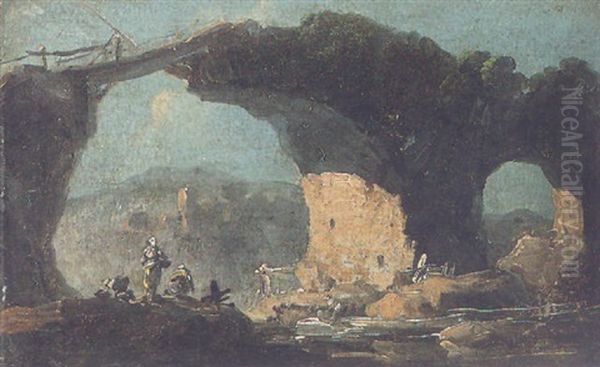 Washerwomen At A River Beneath A Stone Bridge - view 1