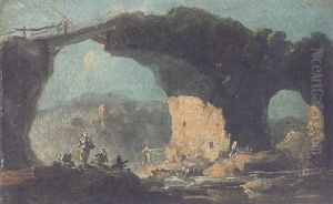Washerwomen At A River Beneath A Stone Bridge by Jean-Baptiste Pillement