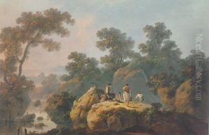 A Rocky River Landscape With Figures Resting by Jean-Baptiste Pillement