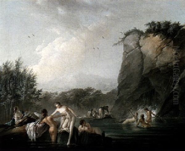 A Rocky River Landscape With Female Figures Bathing In A Pool - view 1