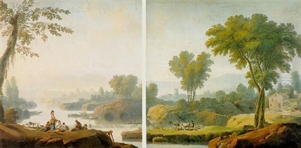 A River Landscape With Women Washing Their Laundry By A Waterfall - view 1