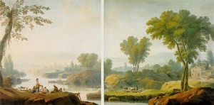 A River Landscape With Women Washing Their Laundry By A Waterfall