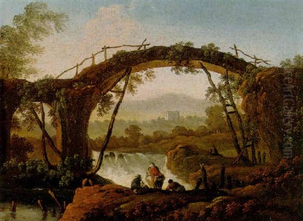 A River Landscape With A Rustic Bridge And A Group Of Figures Including A Washerwoman Before A Waterfall - view 1
