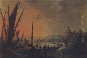 A Rocky Mediterrenean Coastal Landscape At Dusk With Fishermen Drawing Their Nets And Figures Laying Out Their Catch by Jean-Baptiste Pillement
