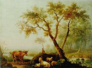 A Shepherd On River-bank With Cow, A Goat And Sheep by Jean-Baptiste Pillement