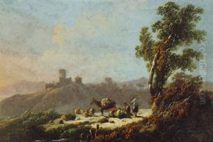 A Mountainous Landscape With Travellers Resting, A Castle Beyond by Jean-Baptiste Pillement
