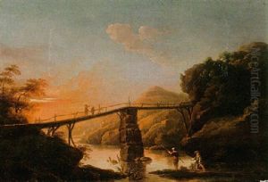 River Landscape At Sunset, With Fishermen Under A Bridge by Jean-Baptiste Pillement