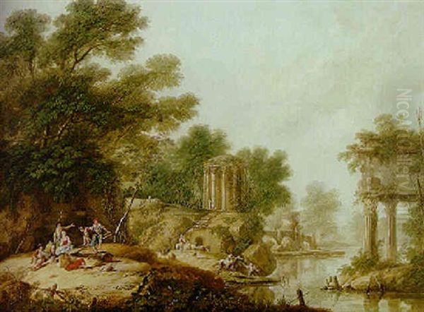 A River Landscape With Peasants Resting By A Bank, Classical Ruins Beyond - view 1