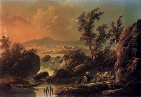 An Italianate River Landscape At Dusk With A Herder And A Waterfall Beyond - view 1