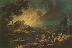 A River Landscape At Night With Peasants Evacuating A Burning Village