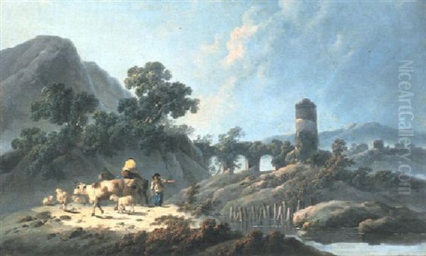 Rocky Landscape At Dawn With A Herdsman - view 1