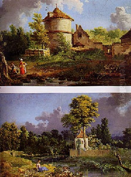Figures By A Brook With A Dovecote And Other Buildings In The Distance - view 1