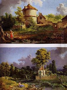 Figures By A Brook With A Dovecote And Other Buildings In The Distance
