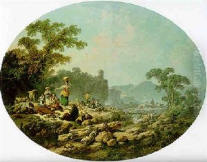 A Mountainous River Landscape With Goatherds And Sheperdesses At Rest