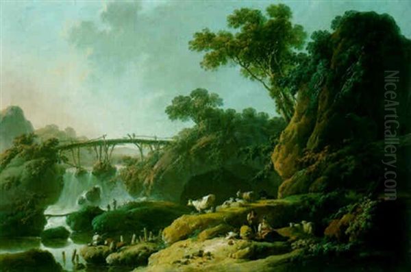 A Landscpae With Shepherds Resting On A Bank By A Waterfall - view 1
