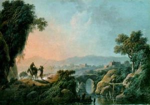 A River Landscape At Sunset With Travelers On A Rocky Path by Jean-Baptiste Pillement