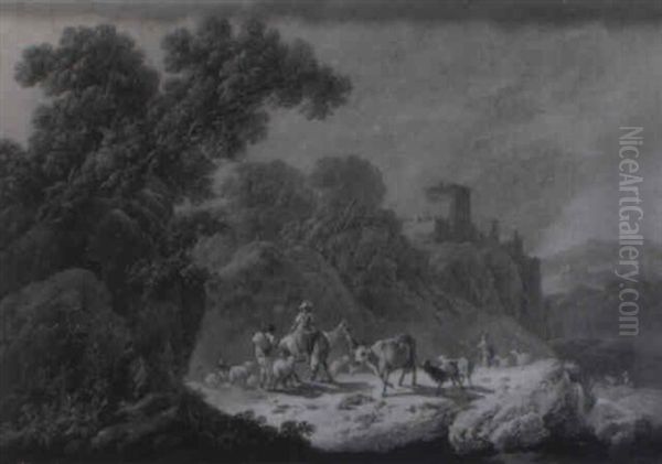 Bergers Et Leur Troupeau Dans Un Paysage - view 1