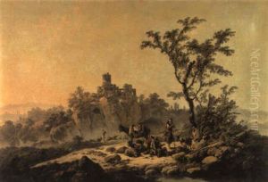Paysage Avec Des Bergers Discutant Pres D'un Etang Et Des Ruines