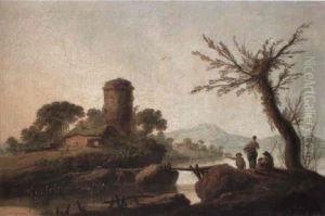 Italianate River Landscape With Figures by Jean-Baptiste Pillement