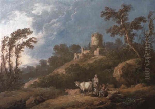 A Wooded, Hilly Landscape With Peasants And Farm Animals - view 1