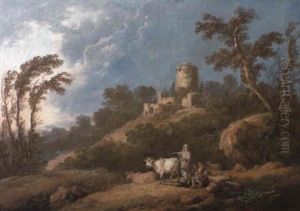 A Wooded, Hilly Landscape With Peasants And Farm Animals by Jean-Baptiste Pillement